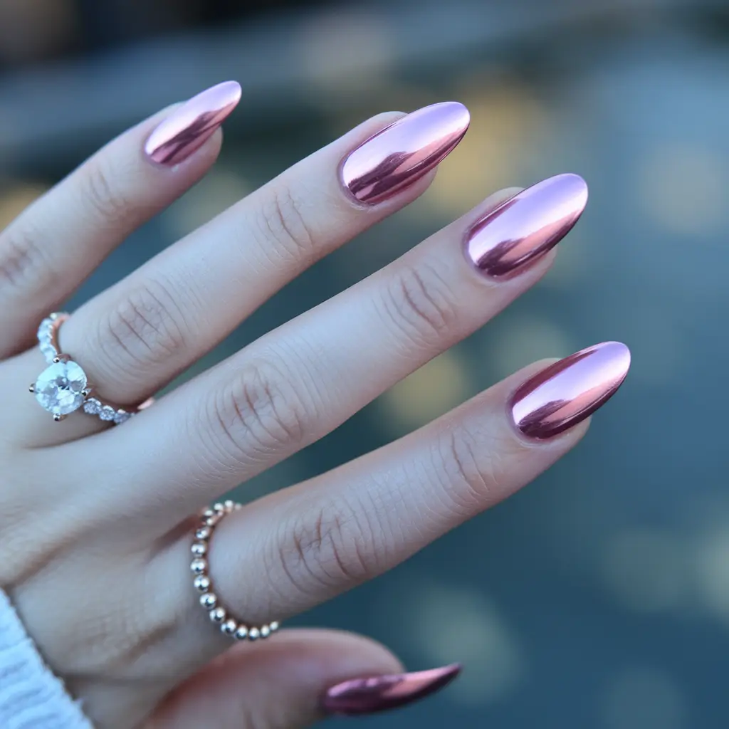 august nails color ideas Rosé Chrome Almond