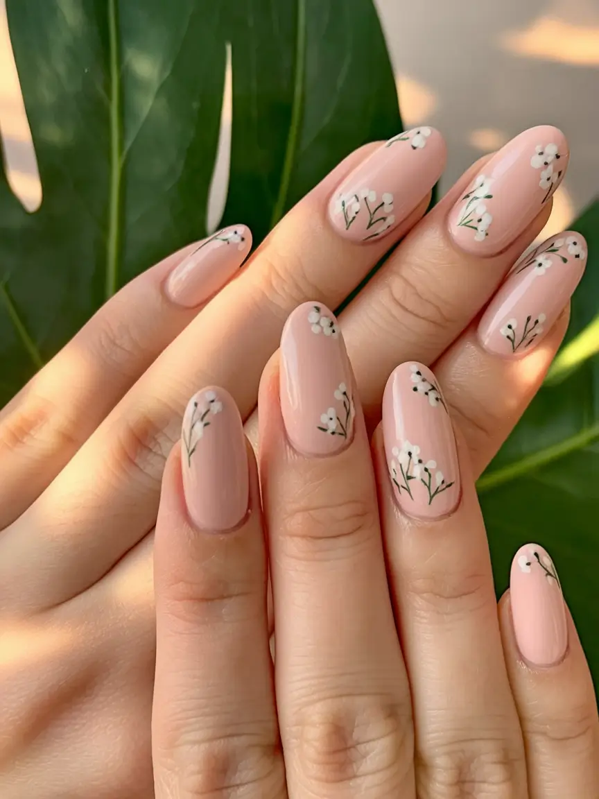 august nails color ideas Delicate Baby’s Breath on Nude Sheen