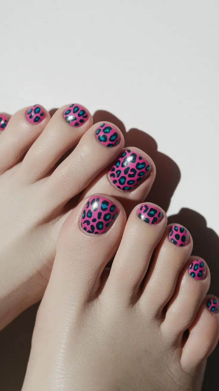 august toe nails Electric Leopard in Hot Pink and Teal