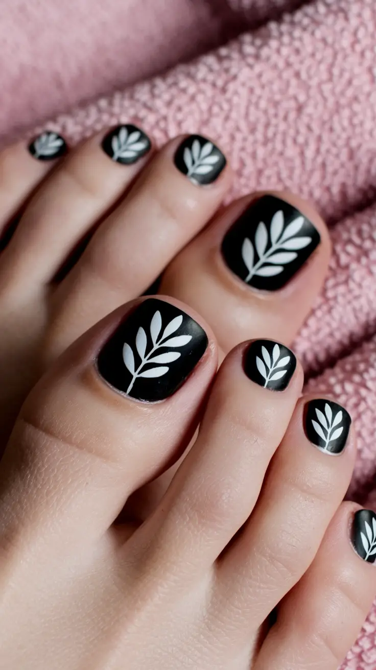 august toe nails Matte Black With White Leaf Strokes