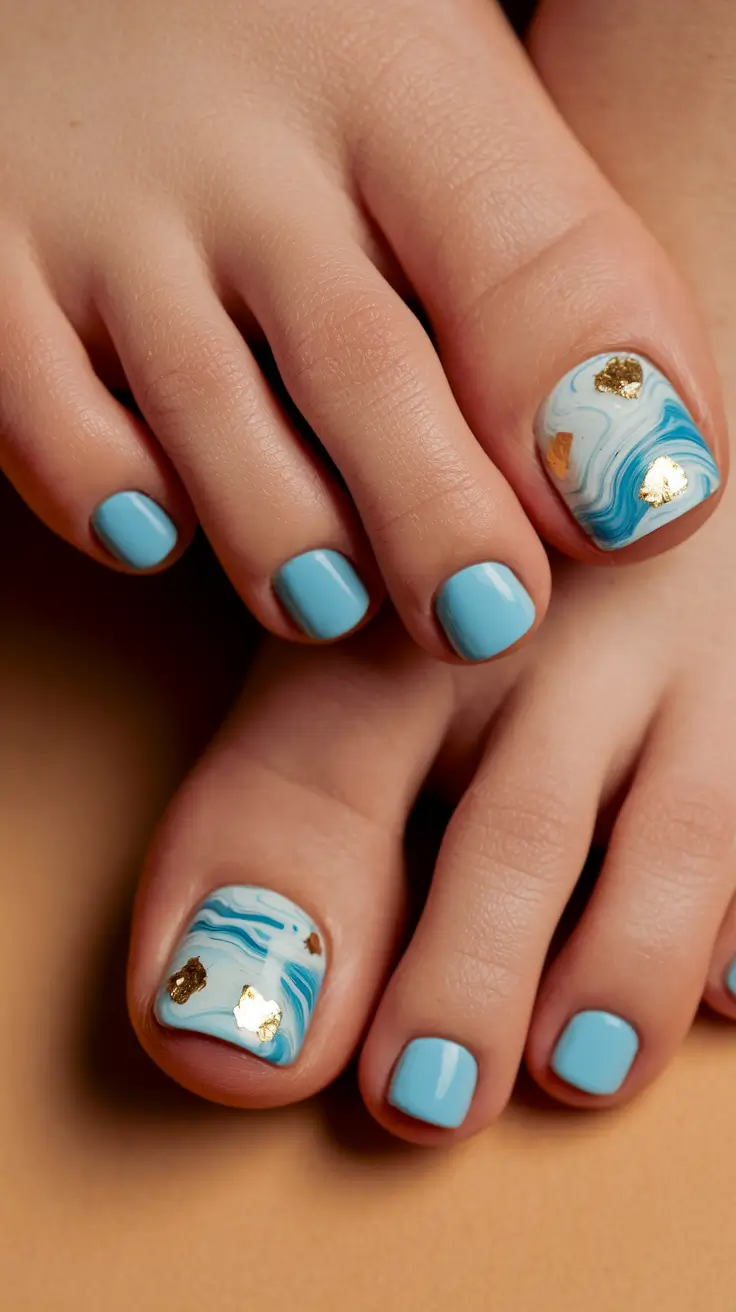 august toe nails ideas 2025 Ocean Marble with Gold Accents