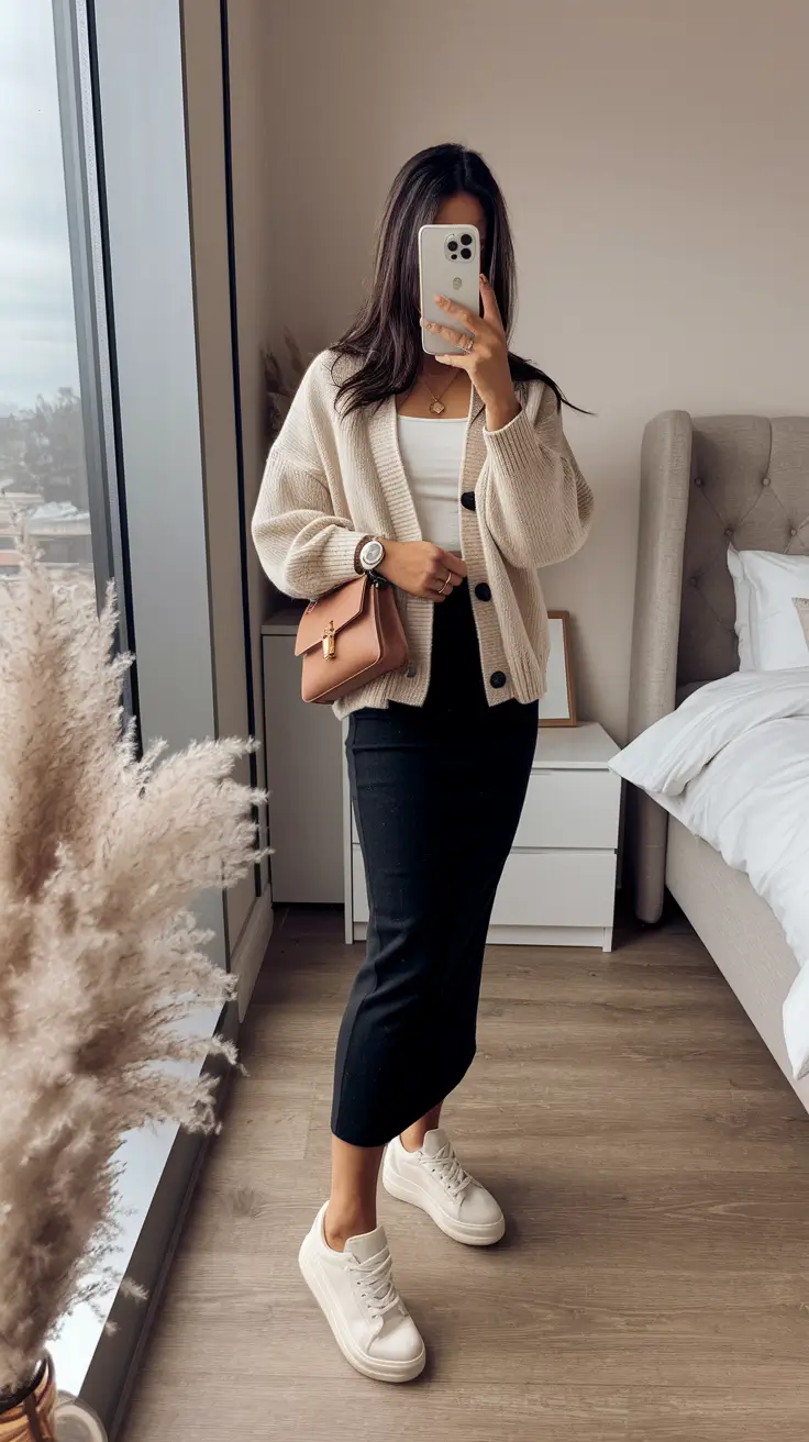 autumn outfits 2025 Soft Knit Meets Pencil-Skirt Cool