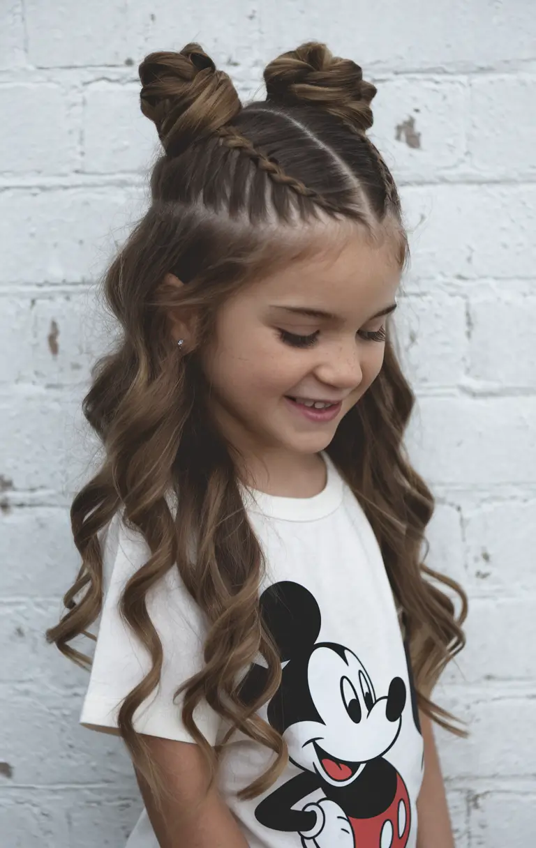 back to school hairstyles Playful Double Buns with a Braided Accent