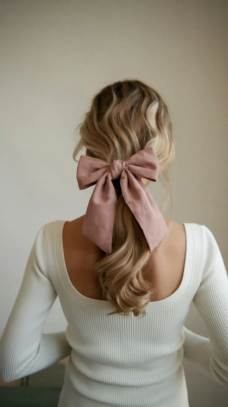 back to school hairstyles Curly Half-Up Style with a Blue Bow Accent