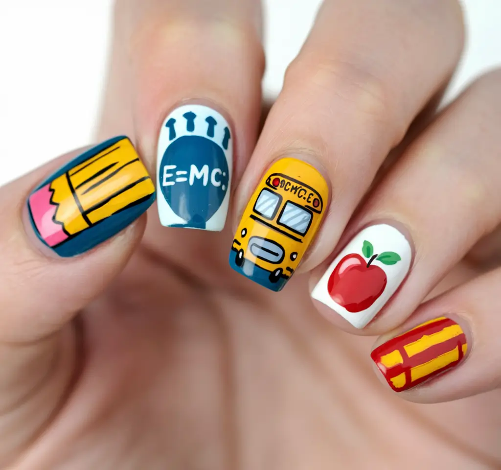 back to school nails Classic School Vibes with Pencils and Buses