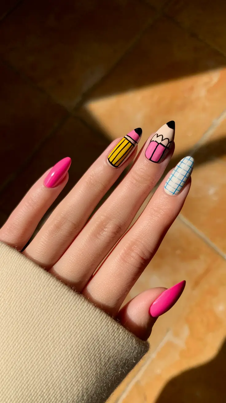 back to school nails Pink and Pencil Pop Nails