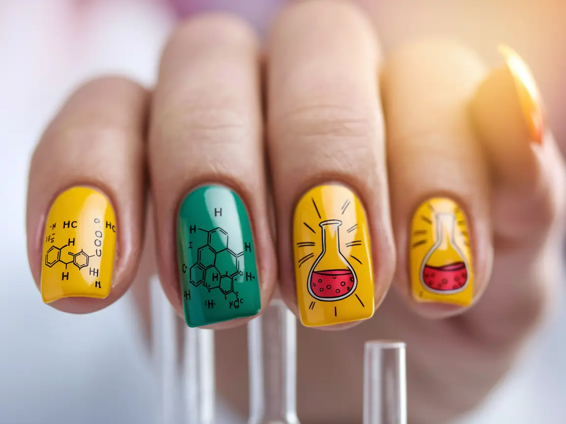 back to school nails-Chemical Formula Nails in Green and Yellow