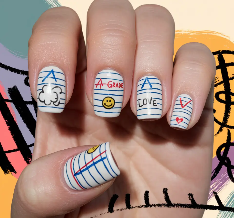 back to school nails-Notebook Paper-Inspired Nails with Doodles