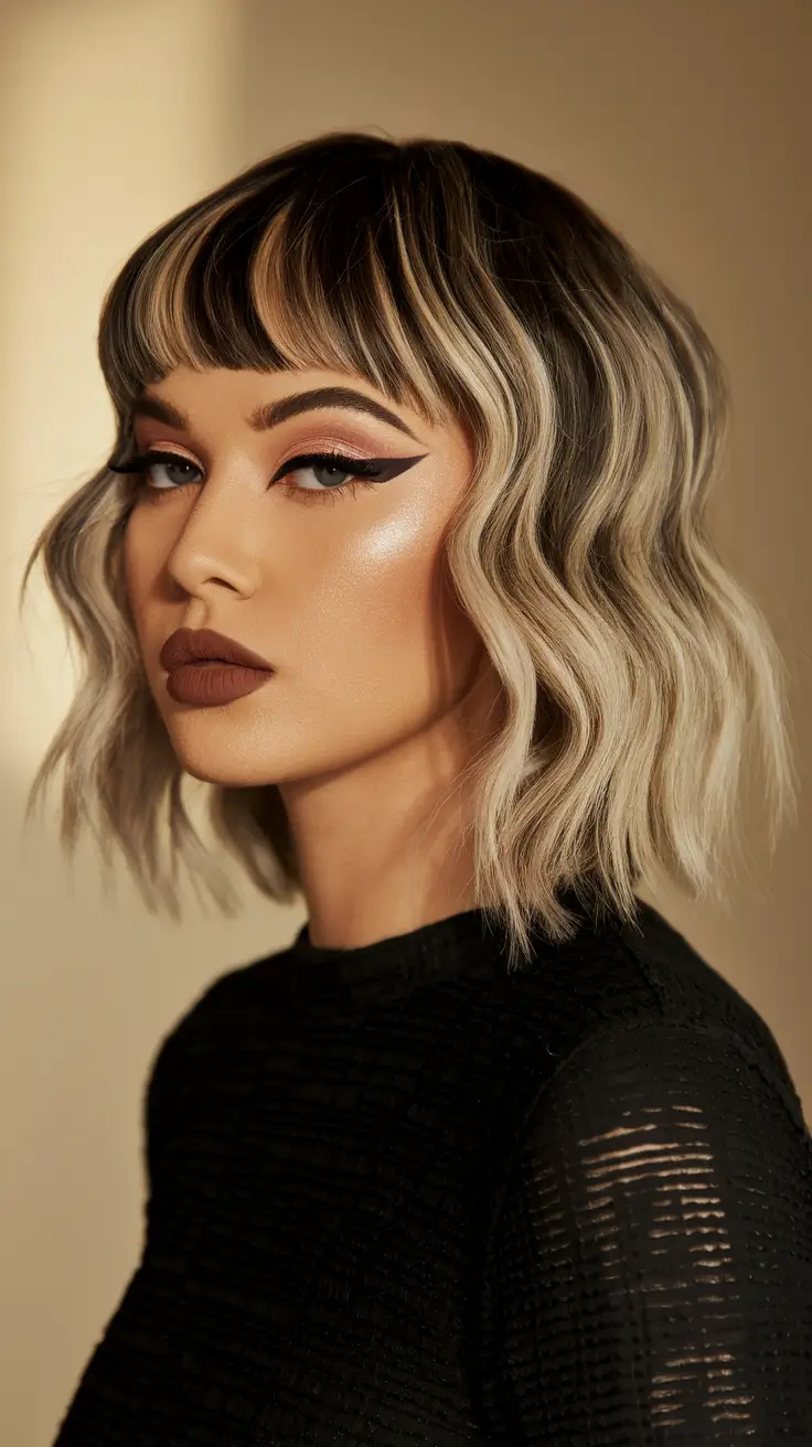 hair color trends Edgy Mocha-Blonde Bob with Graphic Bangs