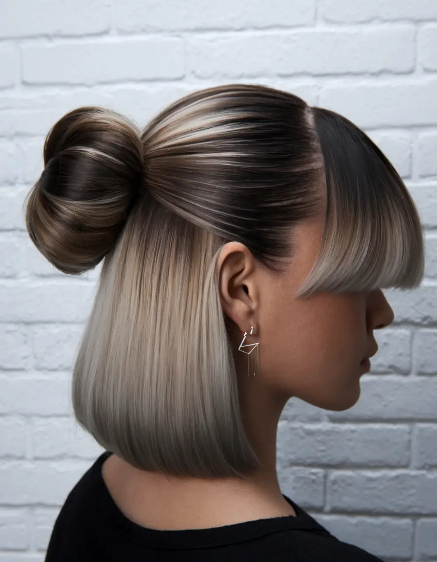 hair color trends Precision Graphite Fade with Sleek Half-Up Twist