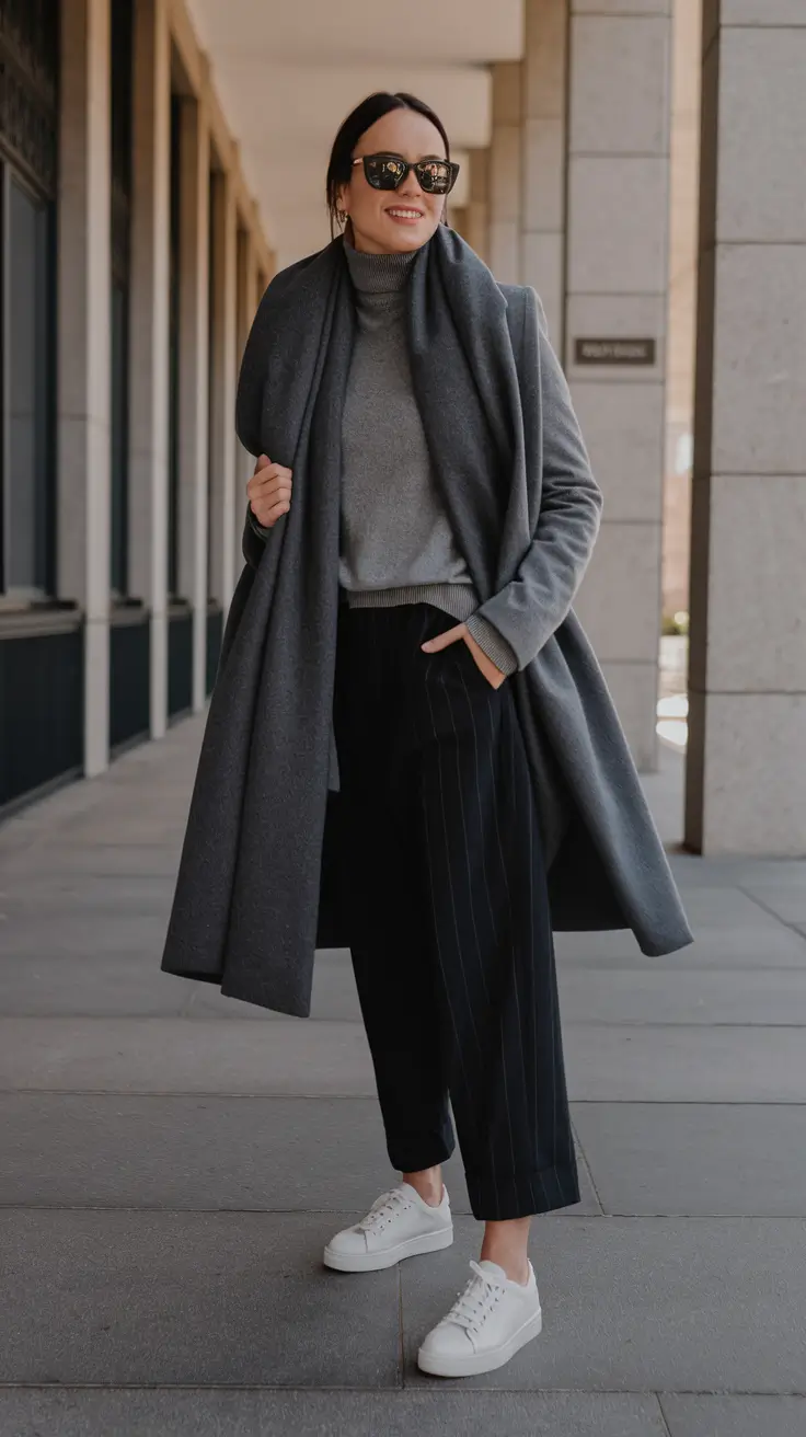 fall capsule wardrobe work Pinstripe Cool in Charcoal Layers