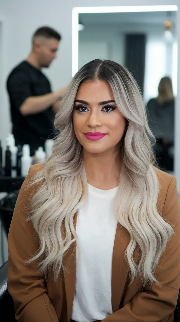 Chic Haircuts Fall Long Silver Blonde Waves with a Center Part