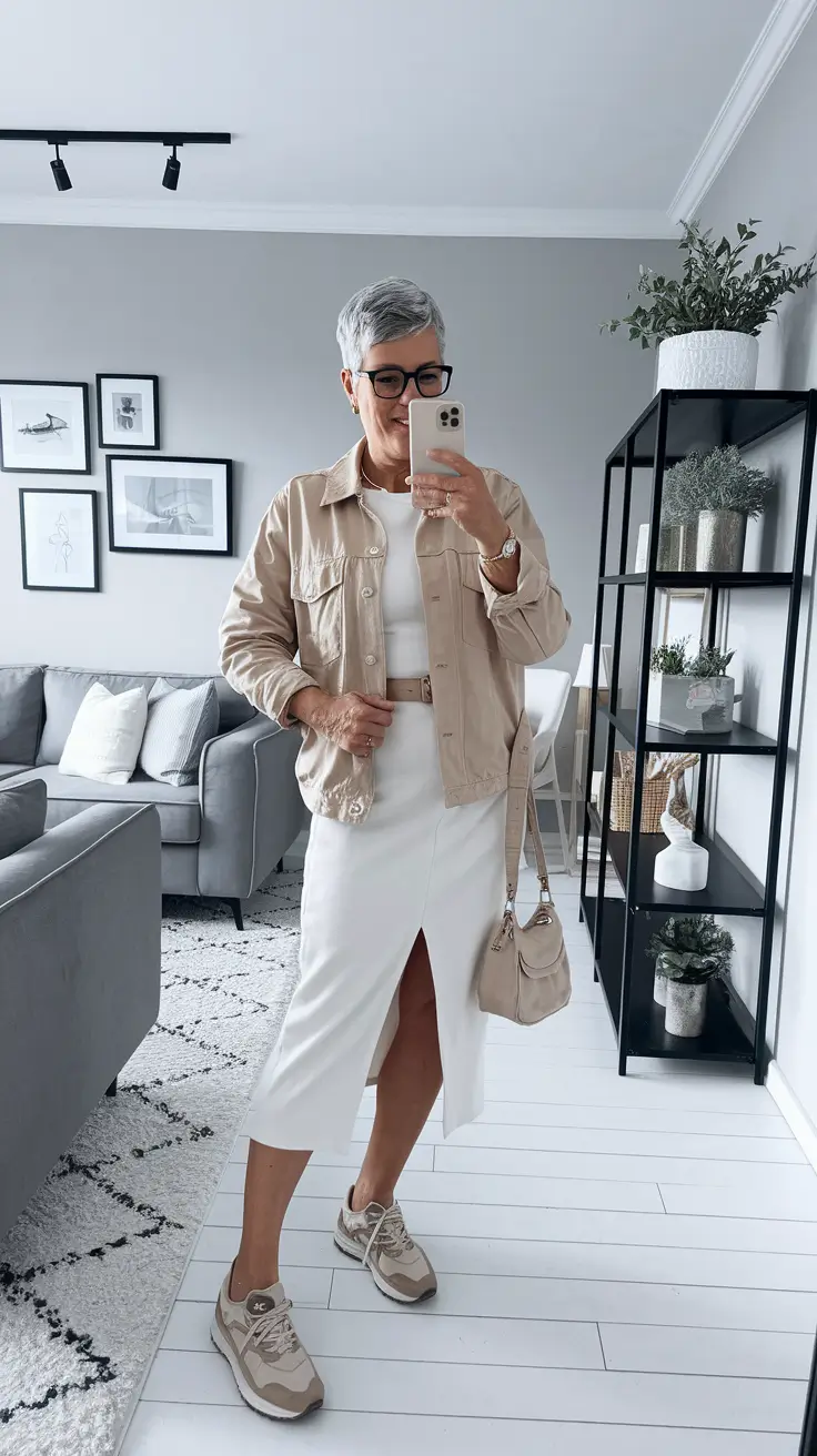 fashion over 40 cute mom outfits fall Sporty Elegance in Cream and Taupe