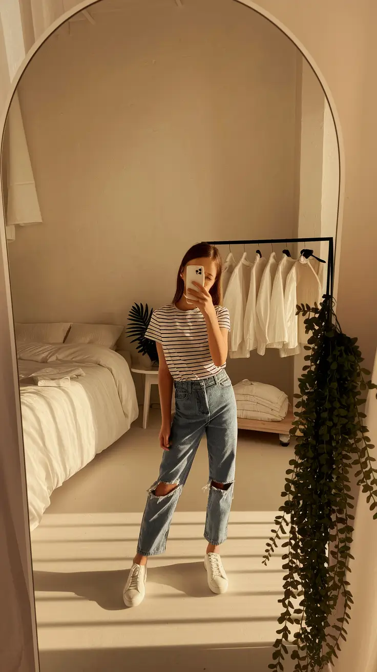 comfy school outfits Stripes and Rips: The Timeless Combo