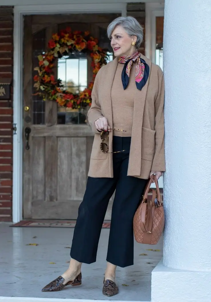 fall outfits for women over 60 classy Polished Neutrals with a Touch of Vintage Glam