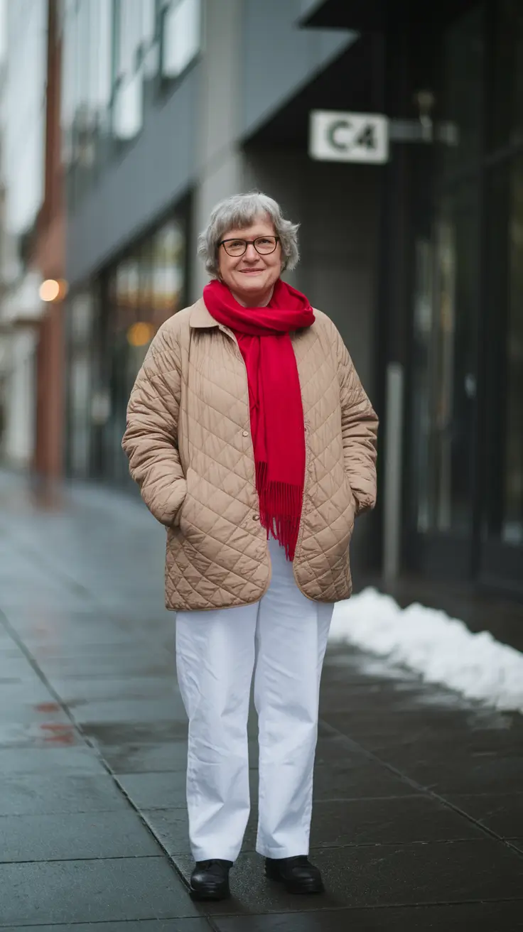 fall outfits for women over 60 casual winter Quilted Comfort with a Pop of Red