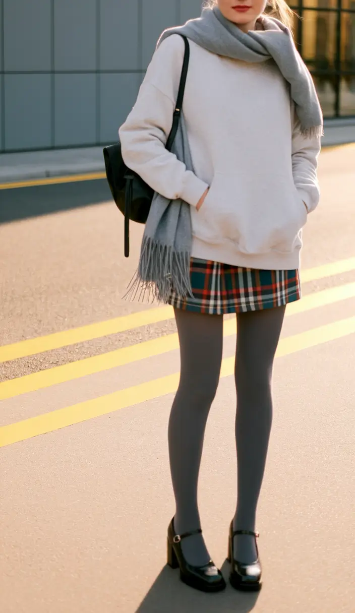 cute school outfits 2025 Classic Plaid Skirt & Cozy Layers