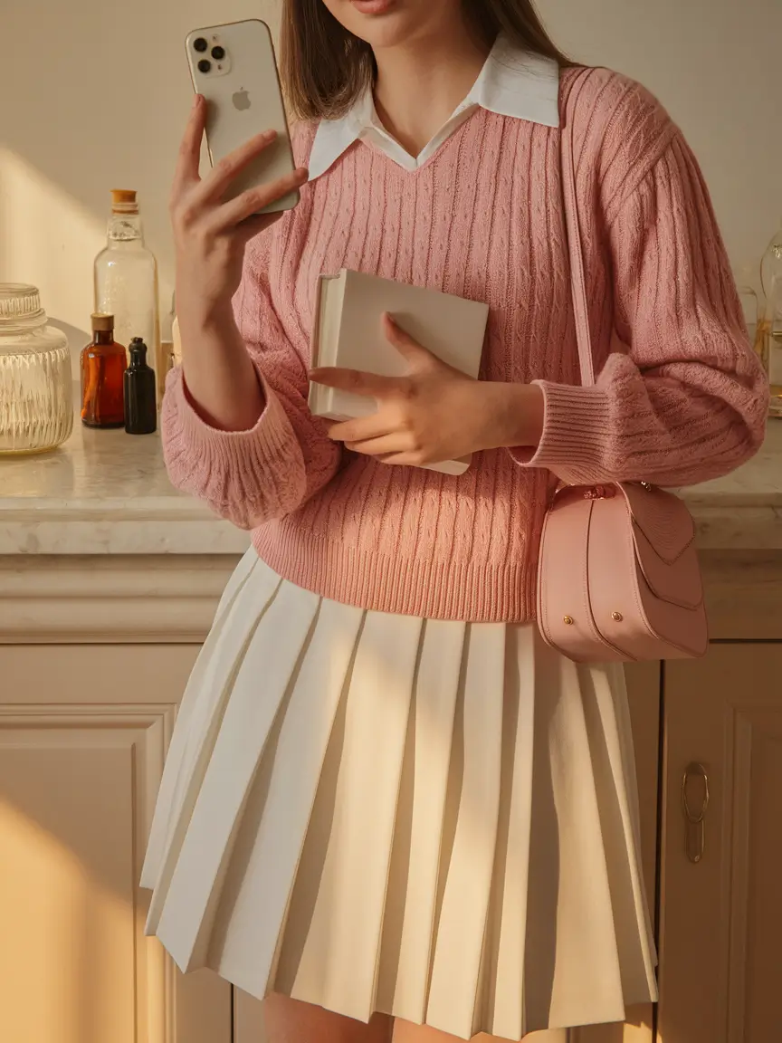 cute school outfits Layered Pink Sweater with Pleated Skirt