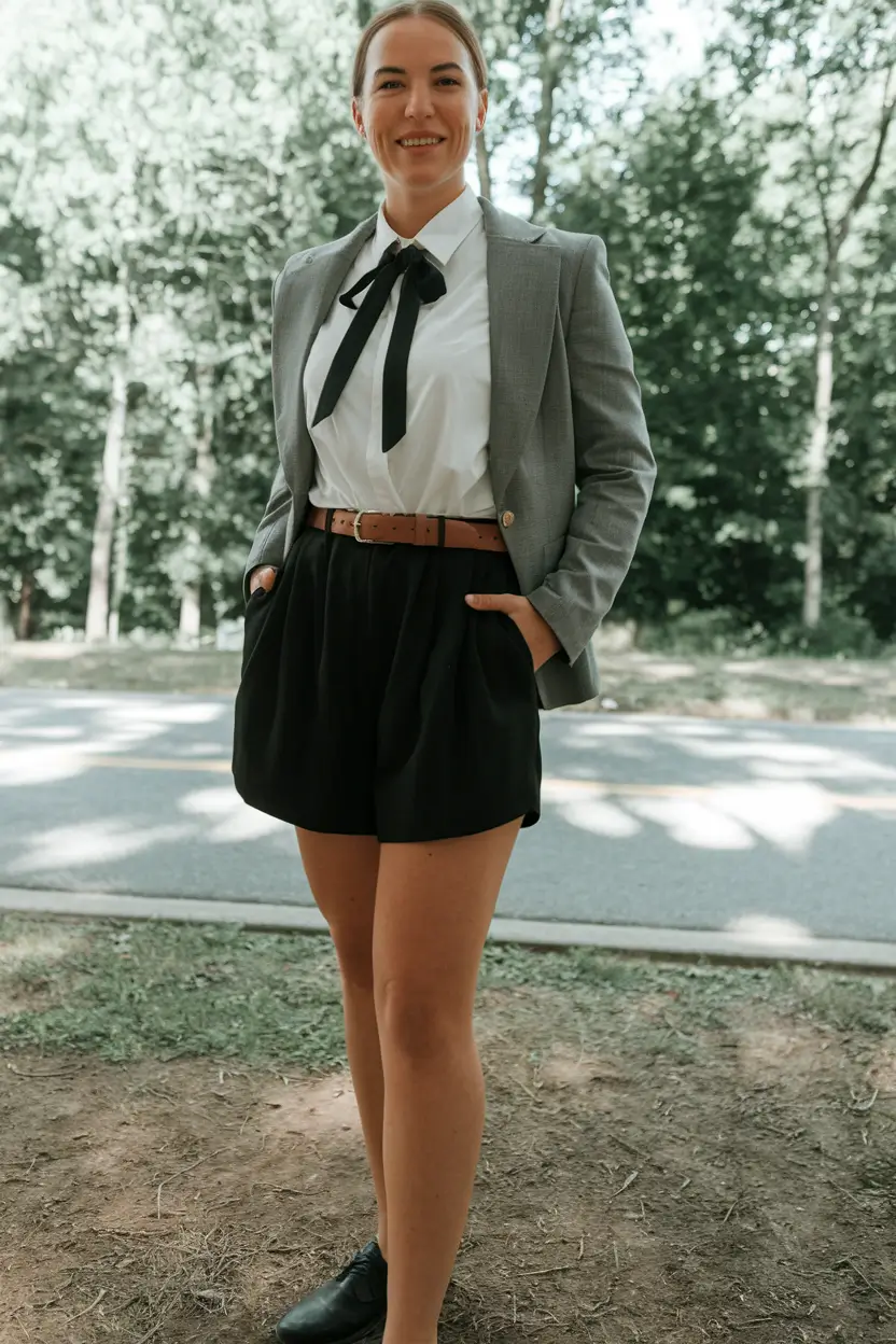 cute school outfits Chic Gray Blazer and Bow-Tie Shorts