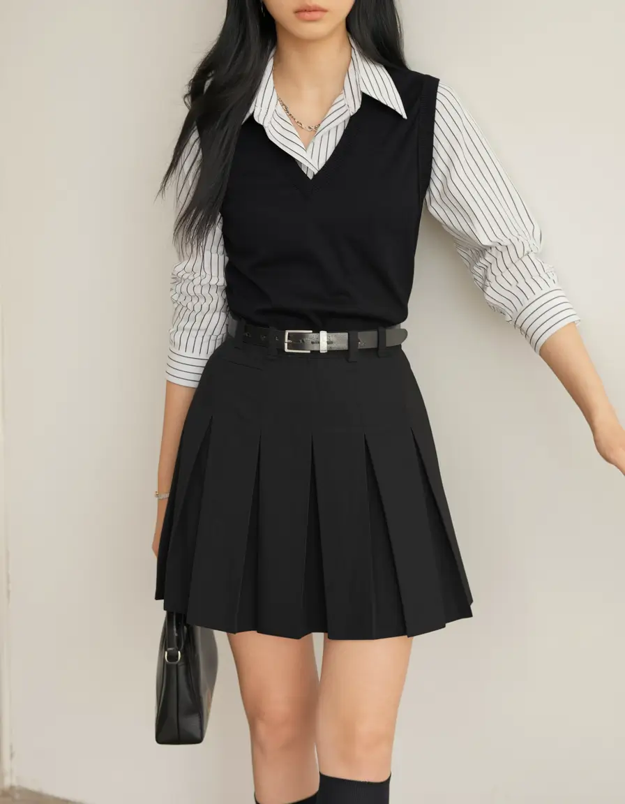cute school outfits Modern Pleated Black Skirt and Sweater Vest