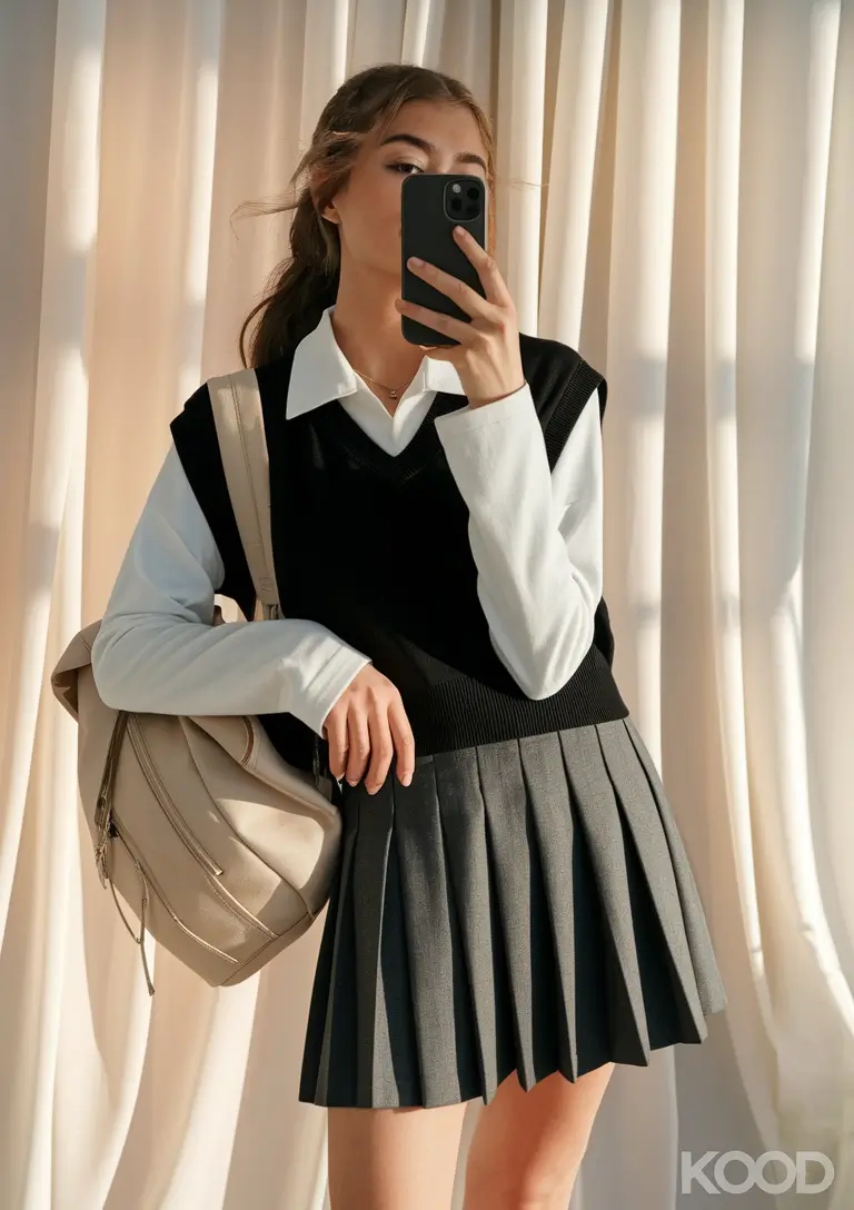 cute school outfits Layered White Shirt with Gray Pleated Skirt