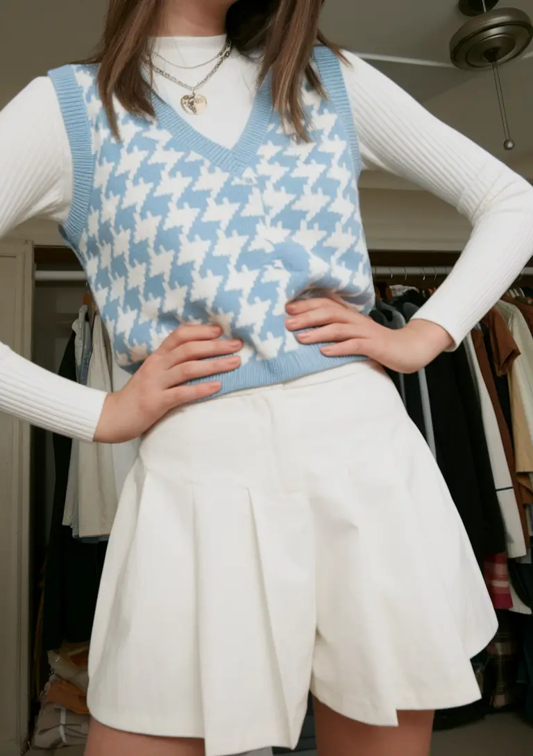 cute school outfits 2025 Soft Houndstooth Layers for a Laid-Back Look