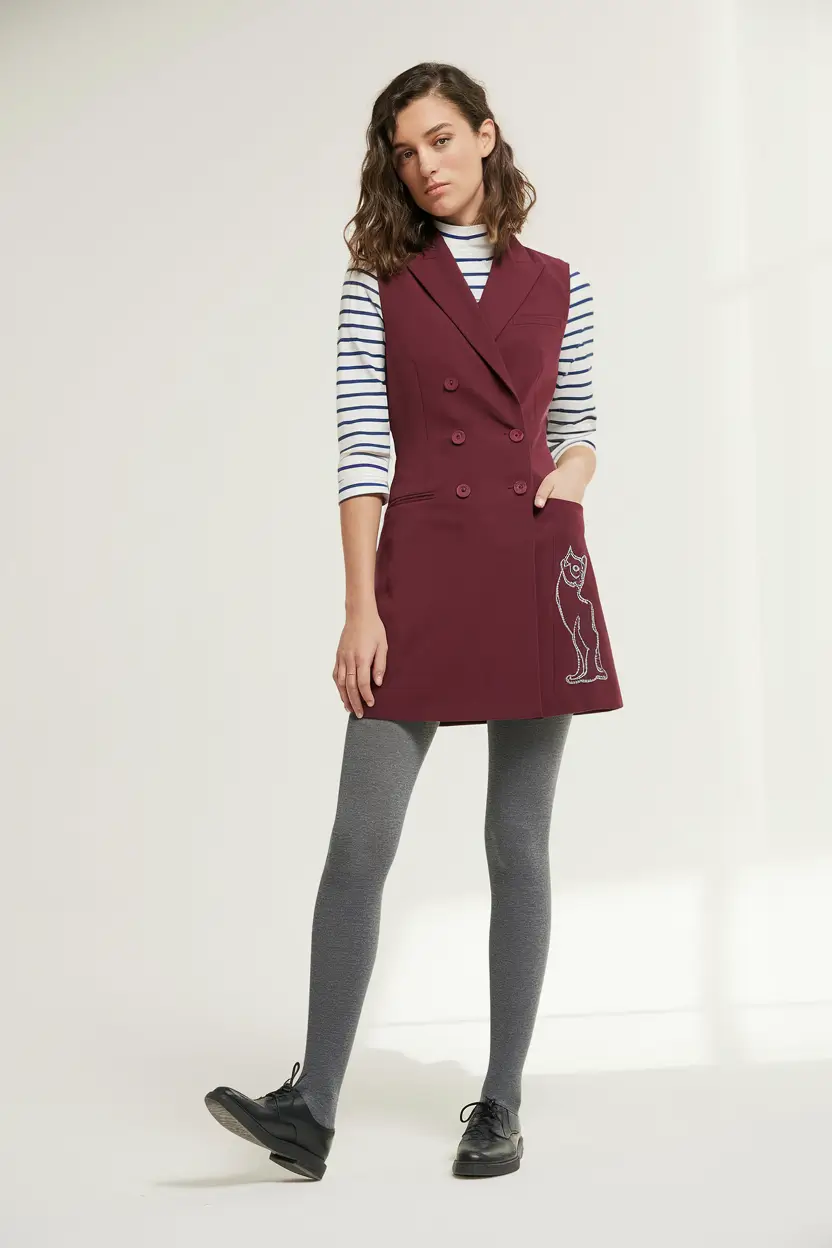 cute school outfits 2025 Striped Shirt and Burgundy Vest Dress