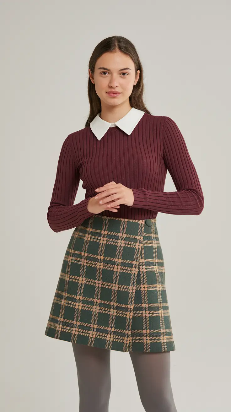 cute school outfits 2025 Chic Plaid Skirt and Ribbed Sweater Combo