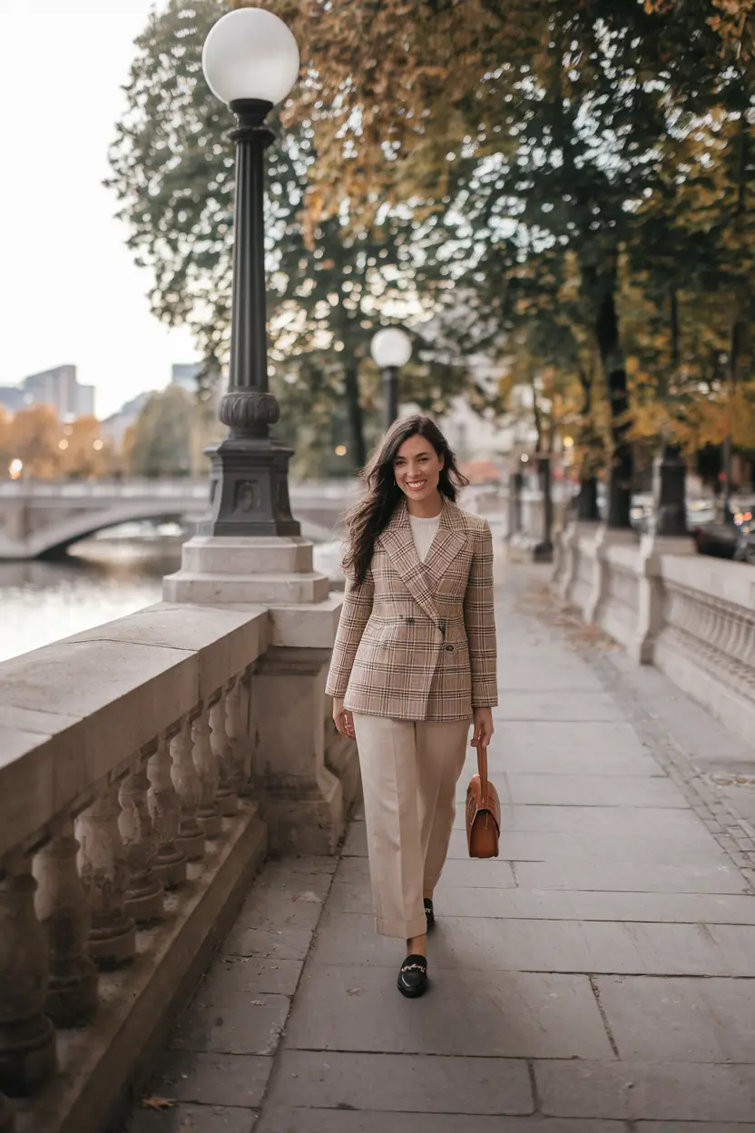 early fall outfits Classic Plaid Power for City Days