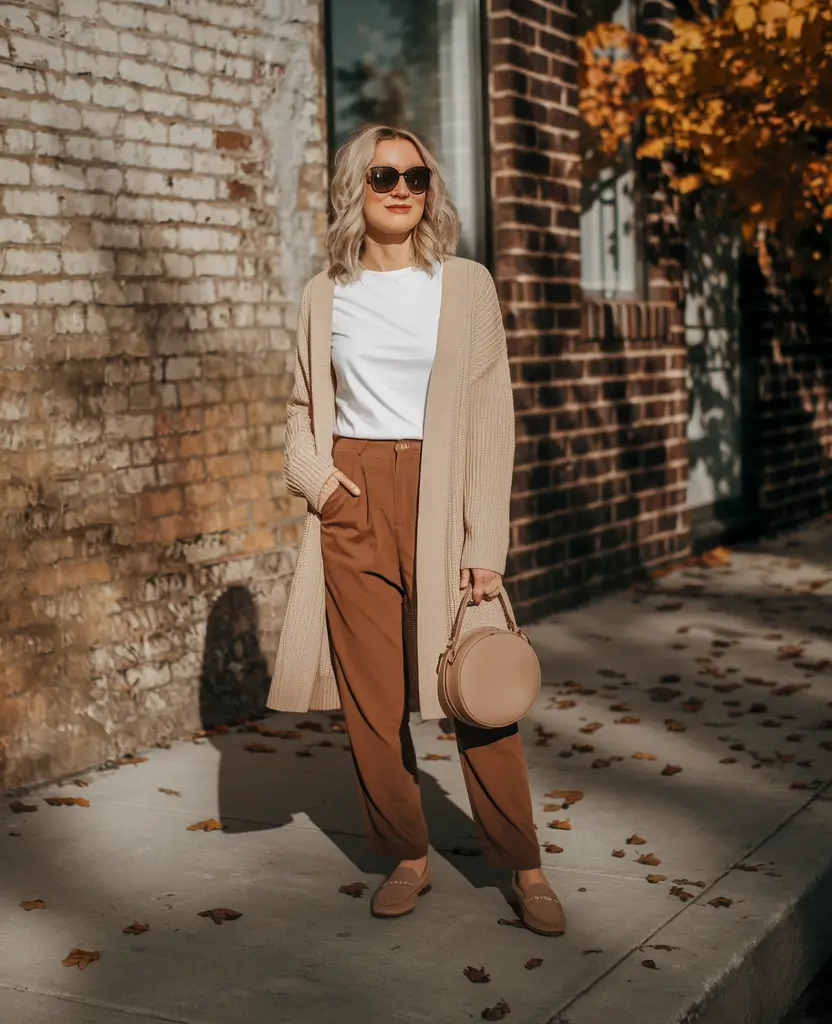 early fall outfits Coffee-Toned Layers with Feminine Ease