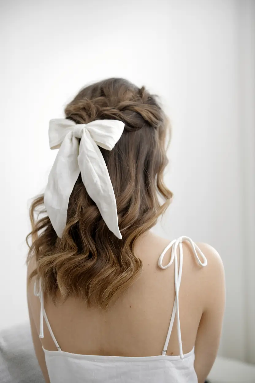 end of summer hairstyles ideas 2025 Half-Up Style with a White Bow