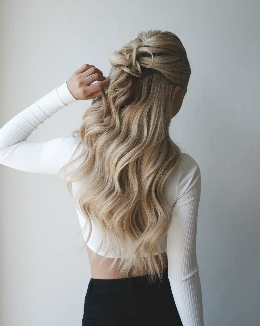 end of summer hairstyles ideas 2025 Soft Waves with a Twisted Half-Updo