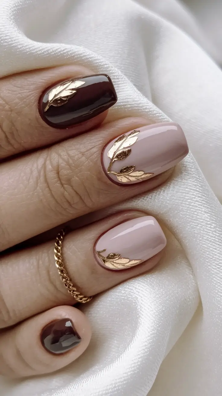 end of summer nails Mocha Elegance with Golden Touches