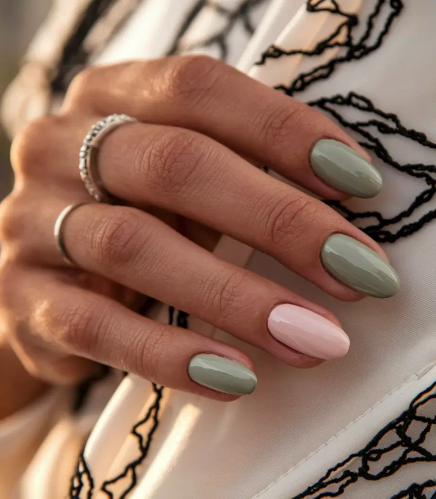 end of summer nails Soft Sage and Blush Minimalism