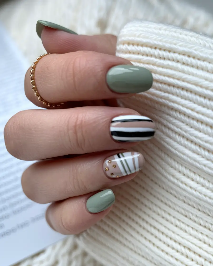 end of summer nails Earthy Lines and Gold Dots