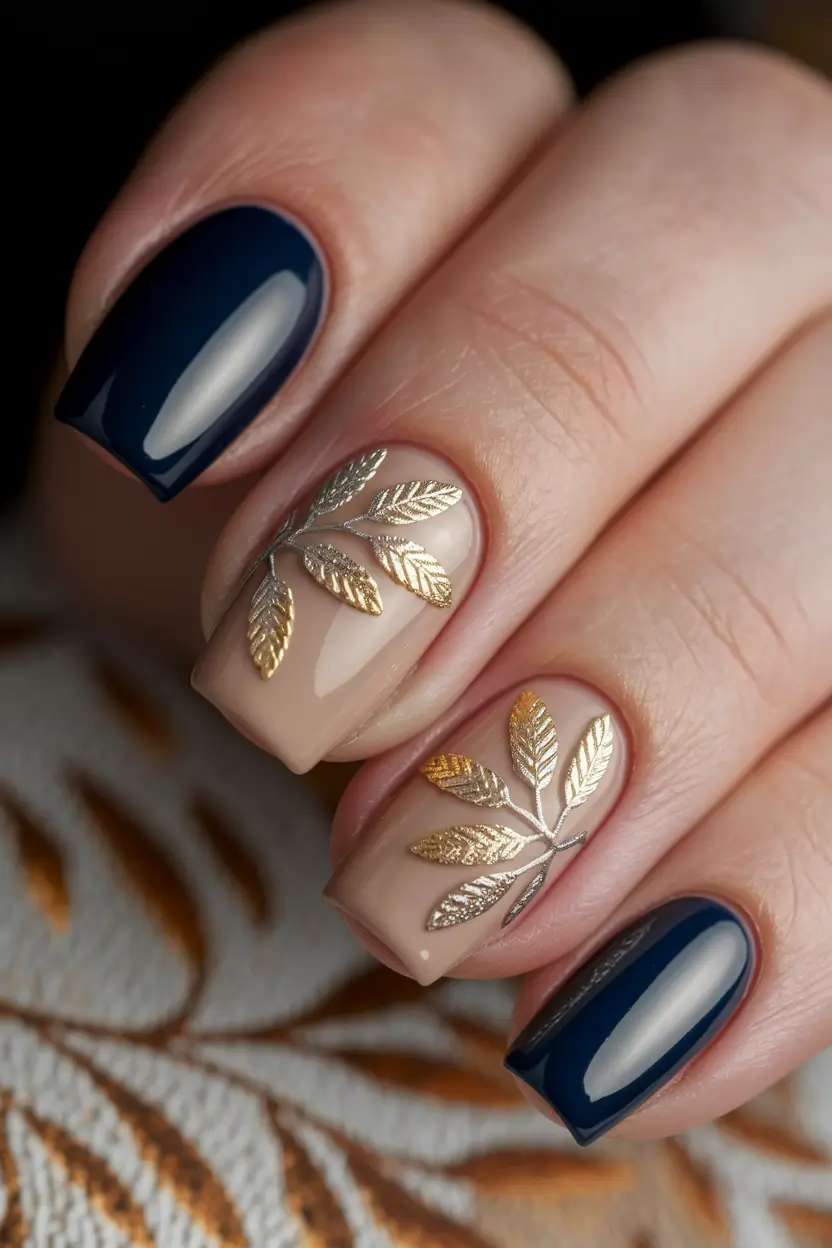 end of summer nails Navy & Nude Leaf Luxe