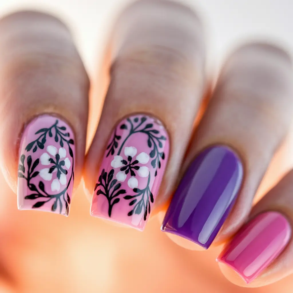 end of summer nails Purple Florals with a Pop