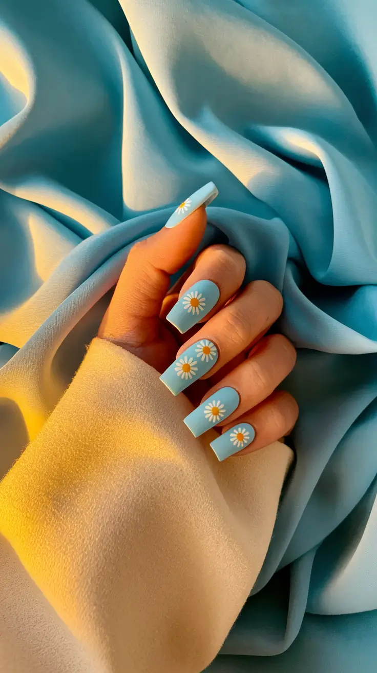 end of summer nails Daisy Blues on Powder Sky