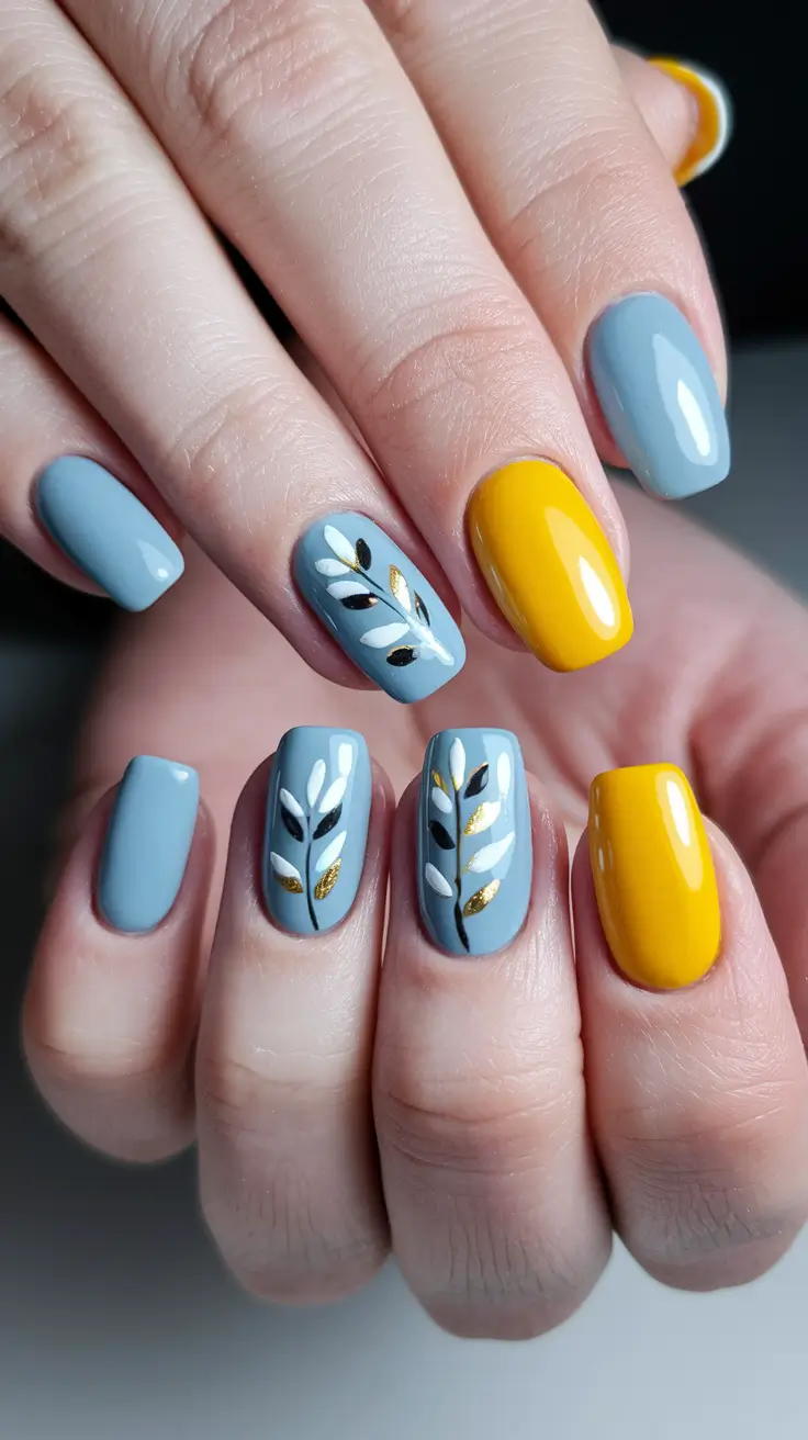 end of summer nails Cool Tones with Golden Botanicals