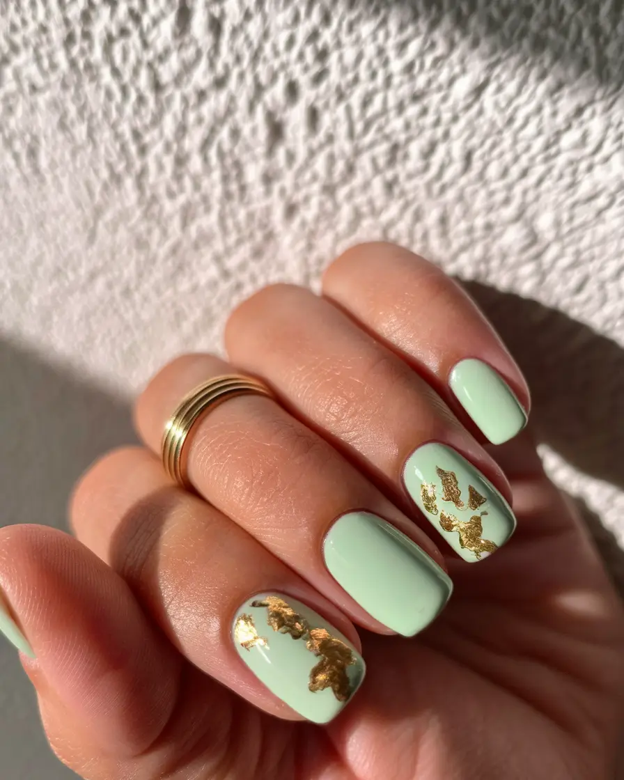 end of summer nails ideas 2025 Minty Gold Foil Chic
