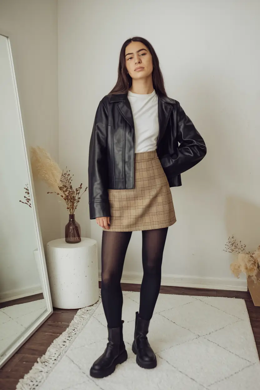 fall outfits with boots Edgy Academia with Leather and Checks