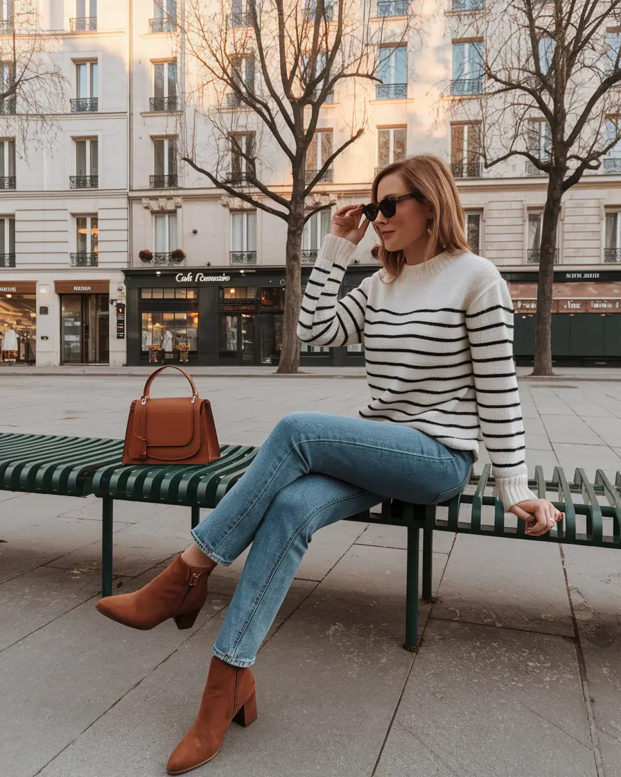 fall outfits with boots Parisian Stripes and Denim Simplicity