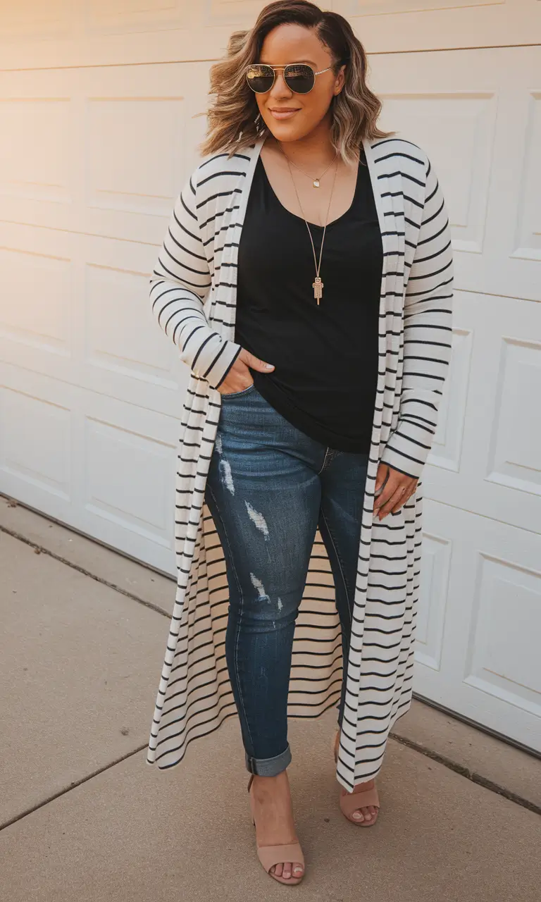 fall plus size fashion for women Striped Duster & Distressed Denim