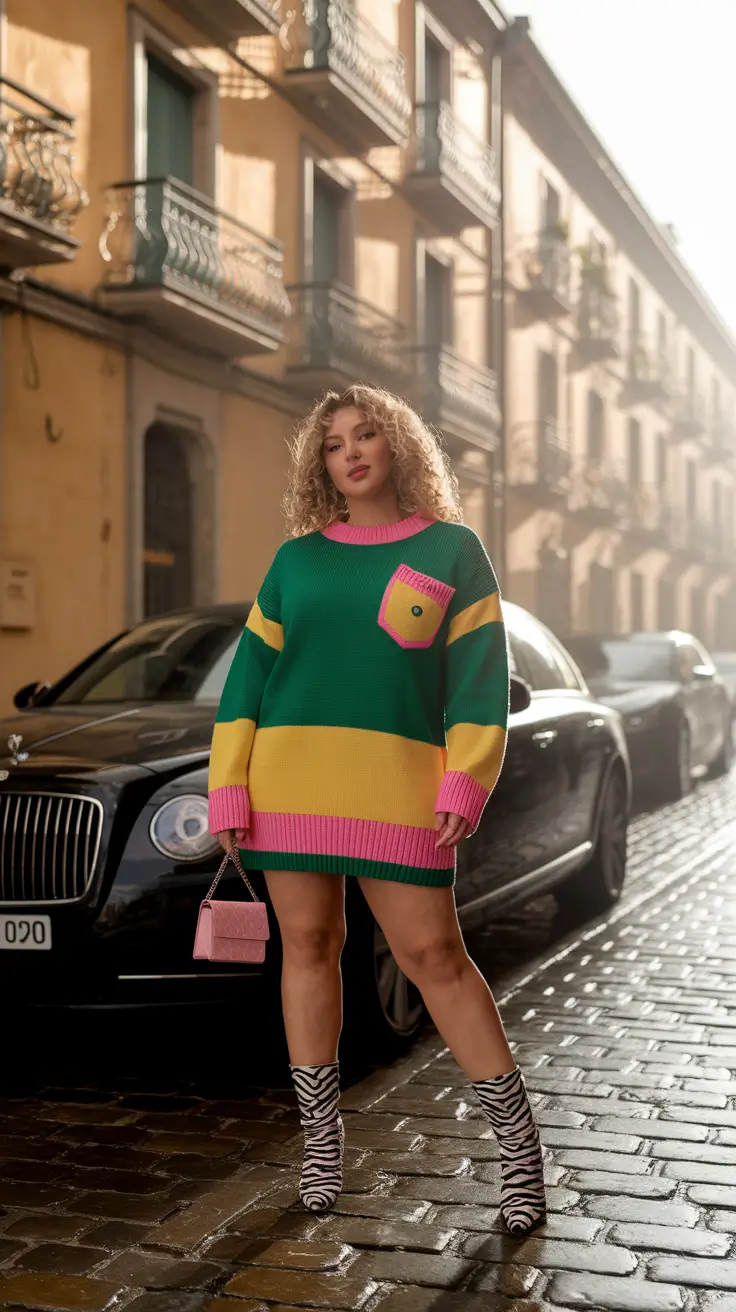 fall plus size fashion for women Neon Nostalgia: Playful Knit Mini & Zebra Boots