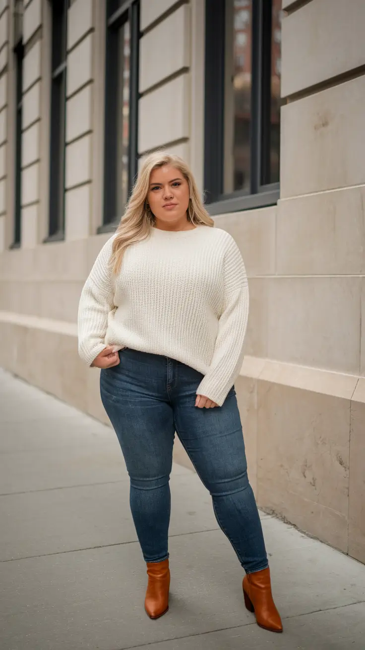 fall plus size fashion Cream Knit and Rusty Boots