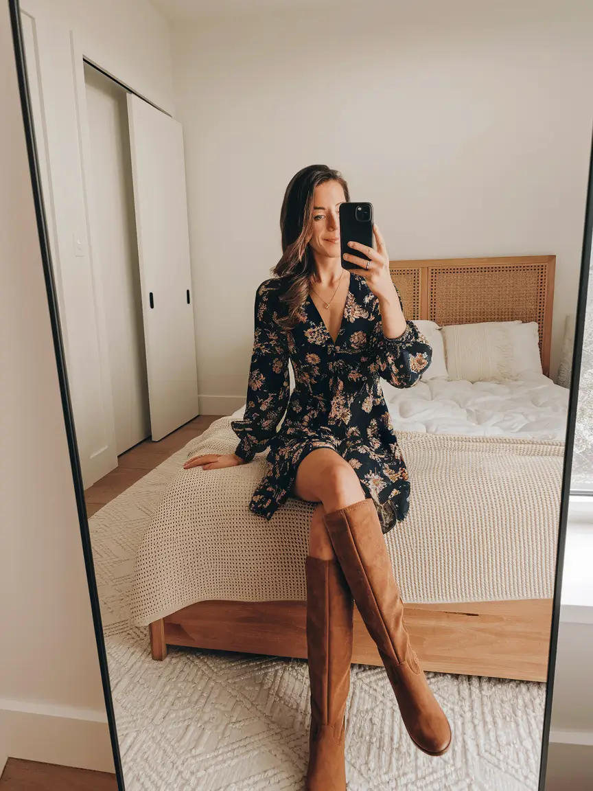 fall birthday outfits Floral Dress and Boots Combo