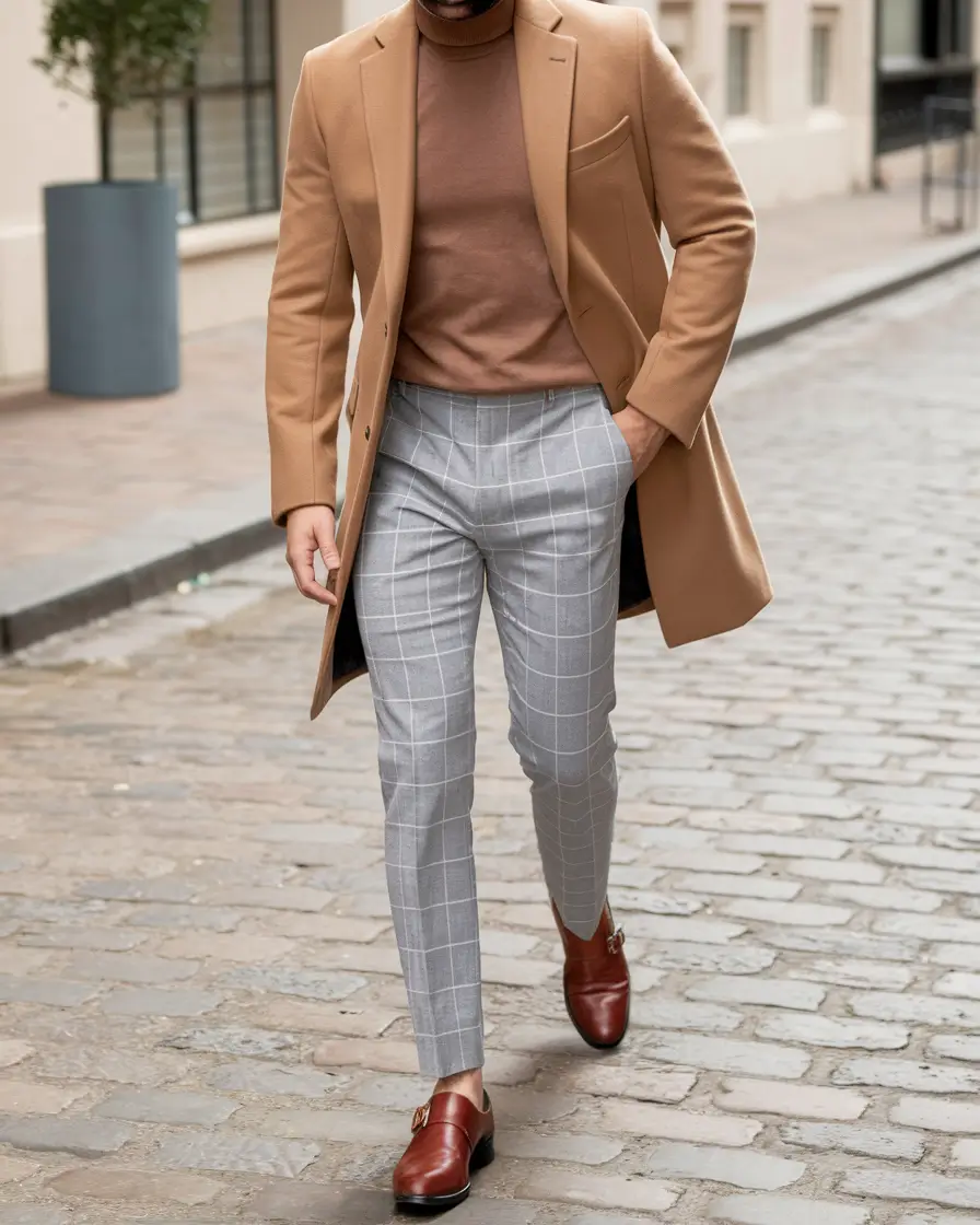 fall business casual outfits for men 2025 Monochrome Camel with a Sharp Check Twist