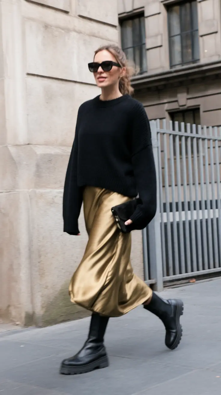 casual autumn street style chic Gold Satin Skirts & Downtown Attitude