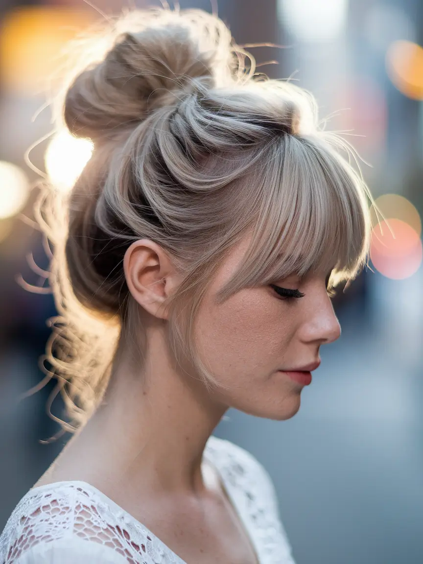 short hairstyles for women fall Messy Bun with Airy Bangs