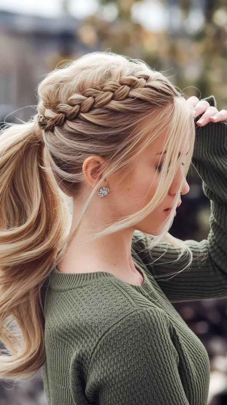 fall hairstyles for women Chunky Braided Crown Ponytail with Curtain Bangs
